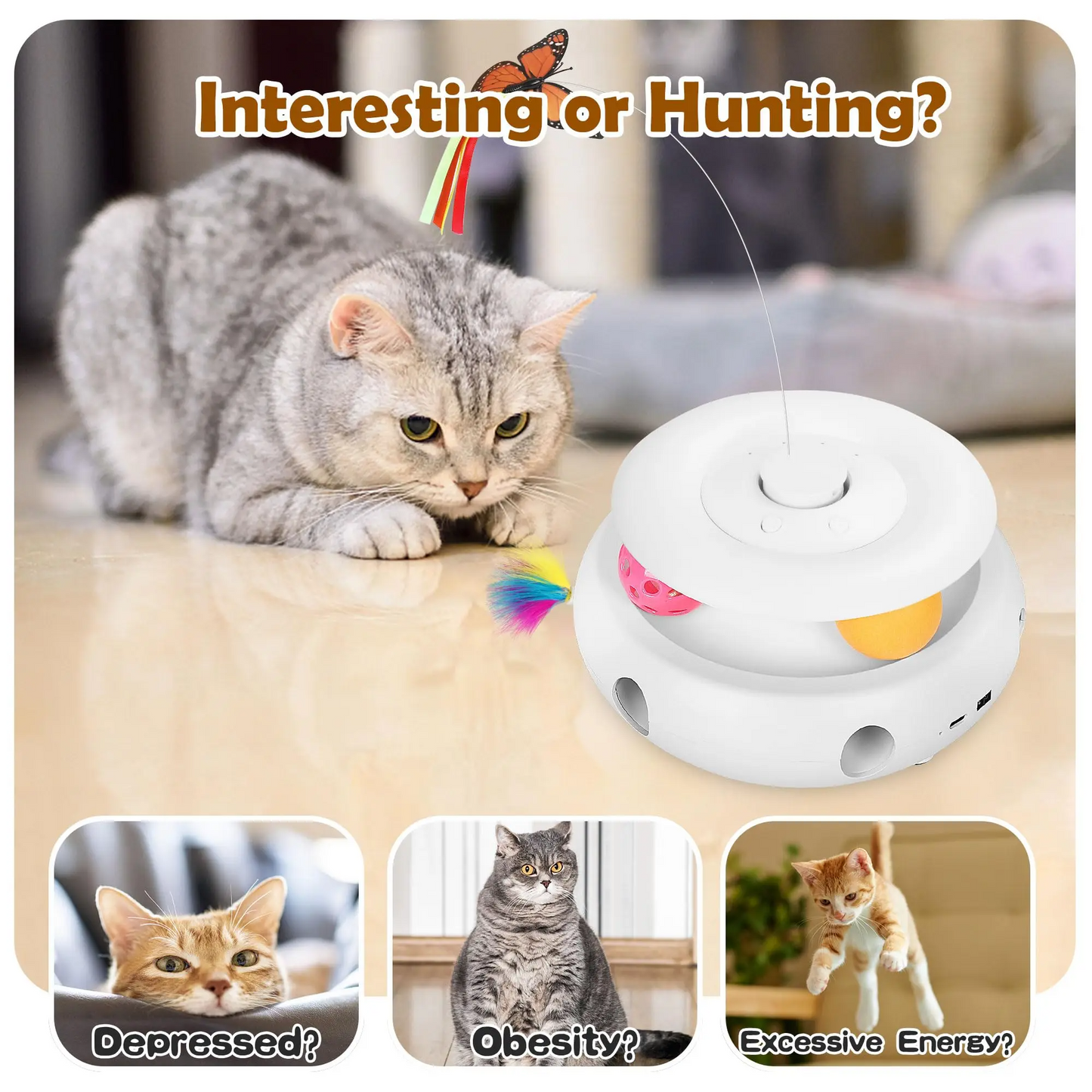 Interactive Cat Toy Automatic Cat Toys for Indoor Cats, 3-in-1 Electric Cat Toy USB Rechargeable, Kitten Toy Cat Exercise Toys