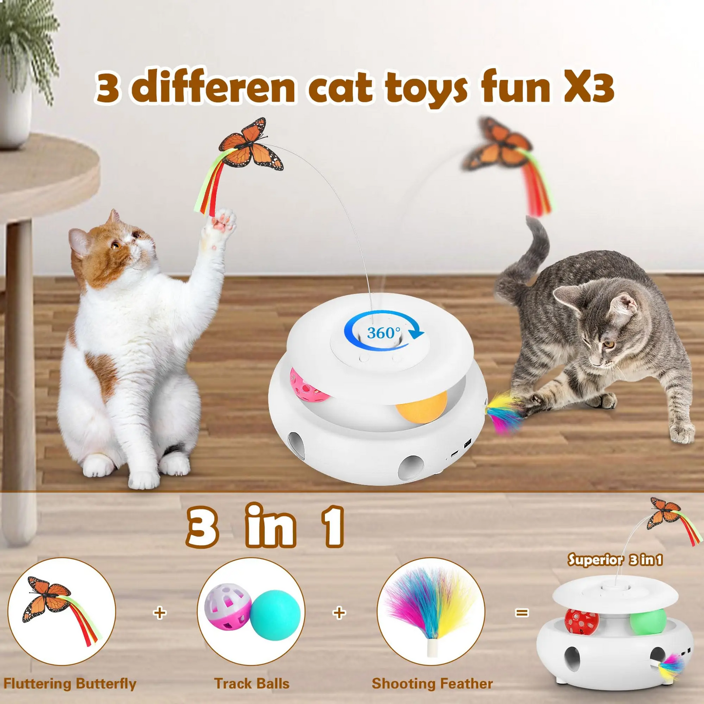 Interactive Cat Toy Automatic Cat Toys for Indoor Cats, 3-in-1 Electric Cat Toy USB Rechargeable, Kitten Toy Cat Exercise Toys