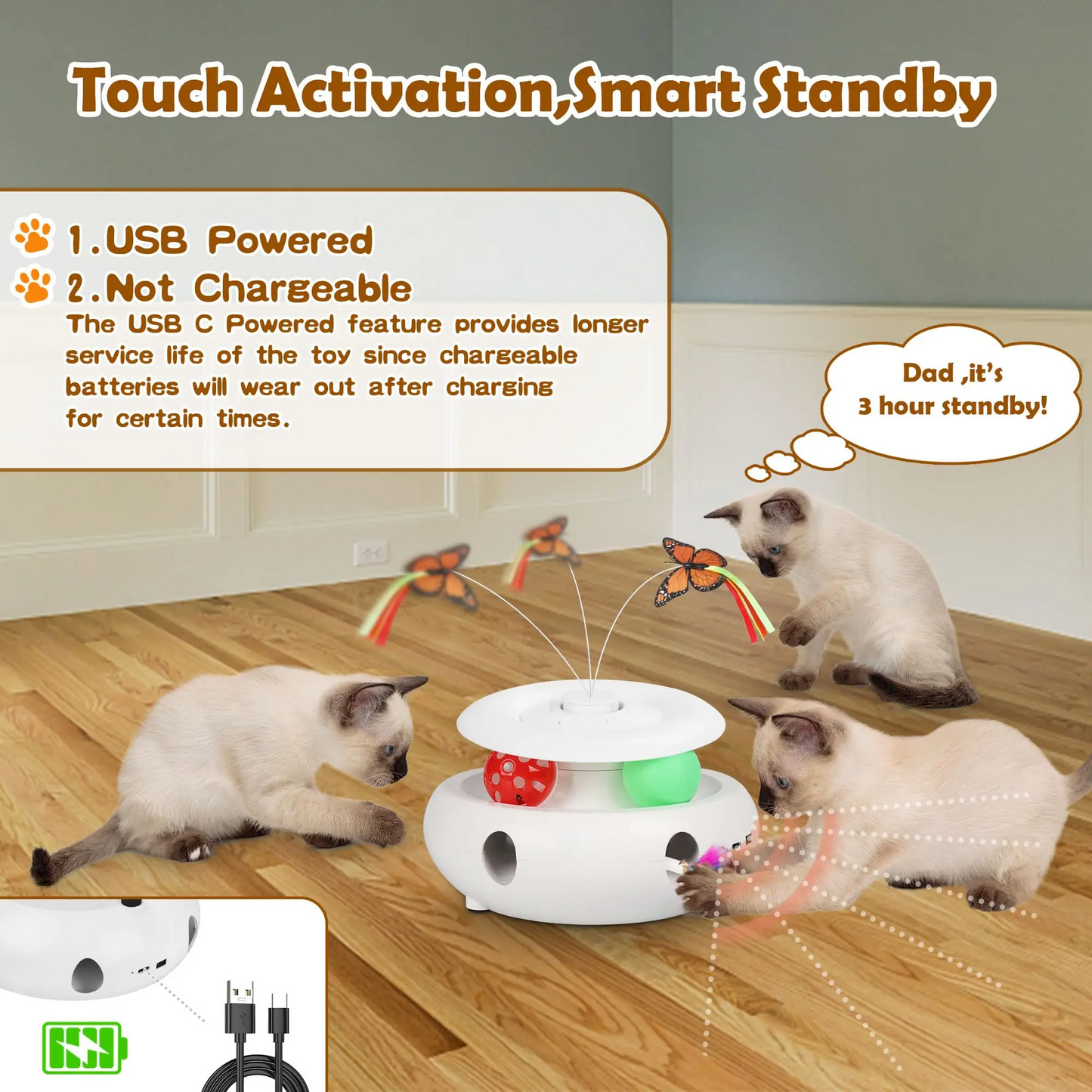 Interactive Cat Toy Automatic Cat Toys for Indoor Cats, 3-in-1 Electric Cat Toy USB Rechargeable, Kitten Toy Cat Exercise Toys